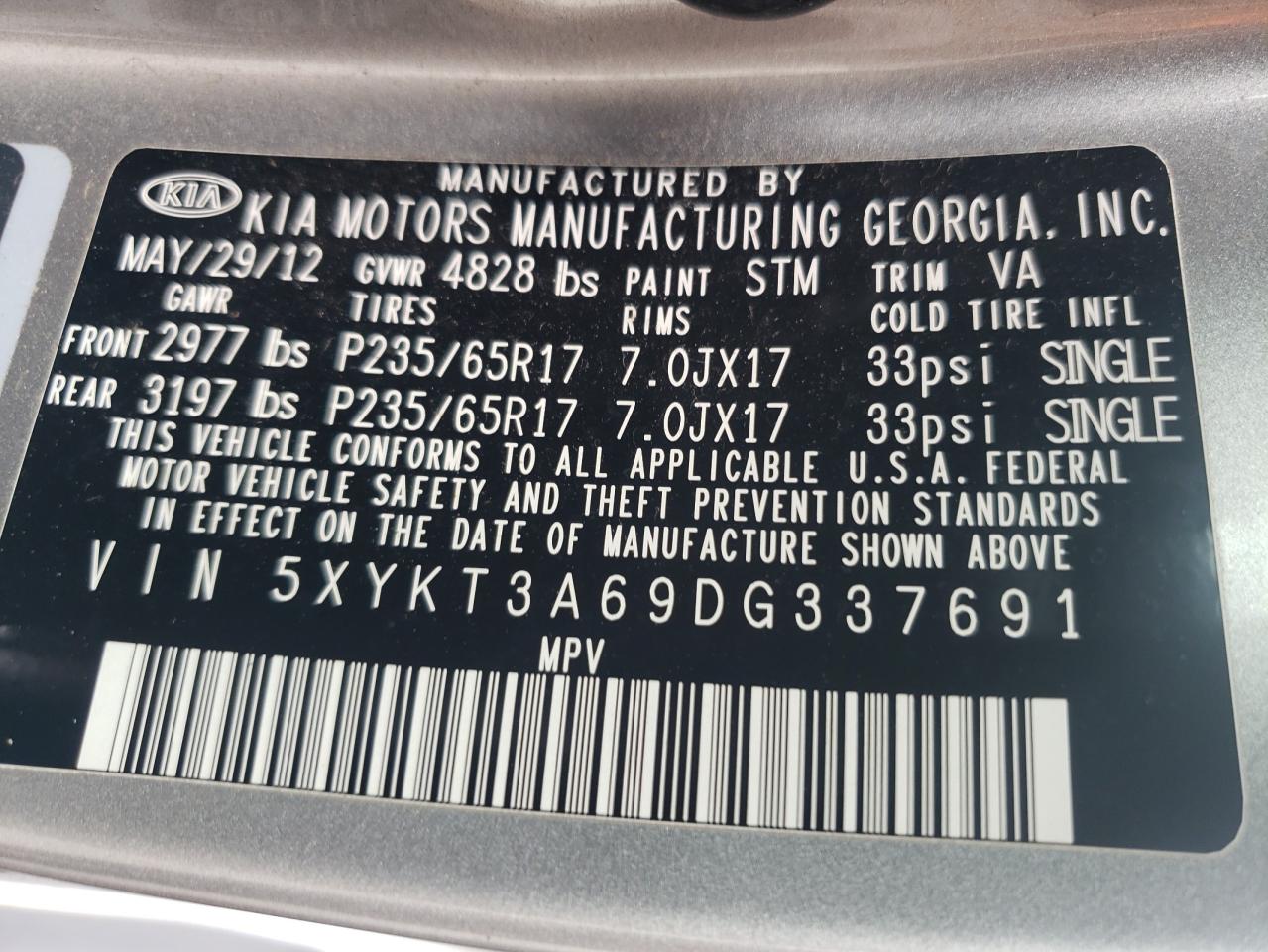 2013 Kia Sorento Lx VIN: 5XYKT3A69DG337691 Lot: 66192954