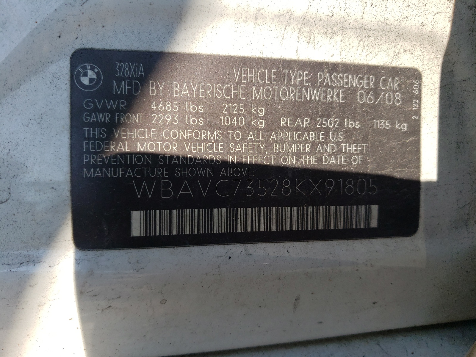 WBAVC73528KX91805 2008 BMW 328 Xi Sulev