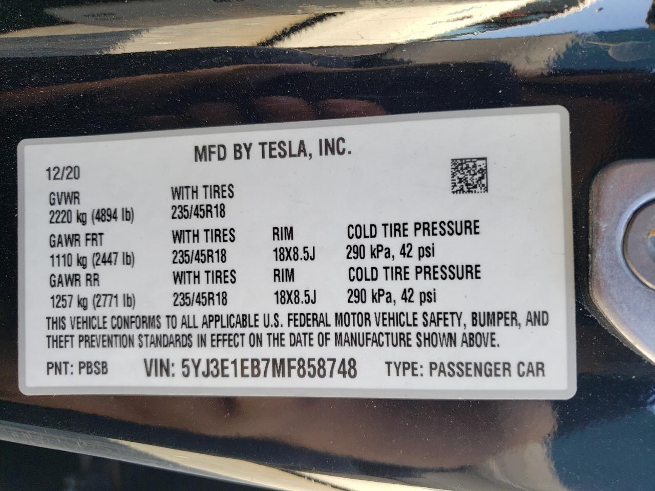 5YJ3E1EB7MF858748 2021 Tesla Model 3