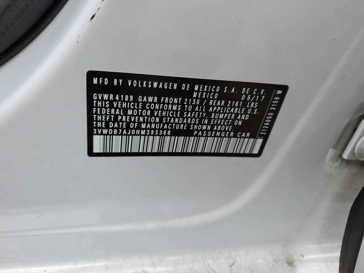 2017 Volkswagen Jetta Se VIN: 3VWDB7AJ0HM393368 Lot: 67540364