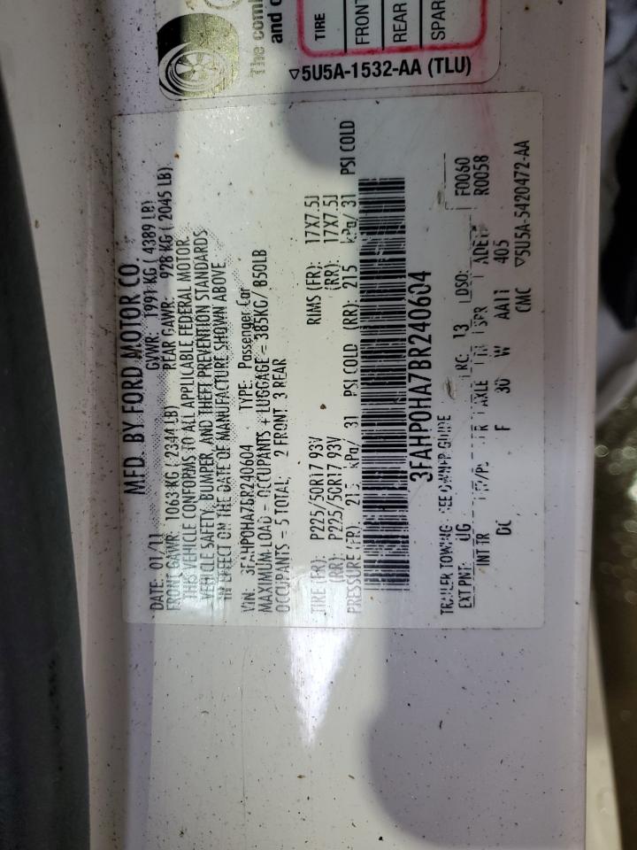 2011 Ford Fusion Se VIN: 3FAHP0HA7BR240604 Lot: 66011264