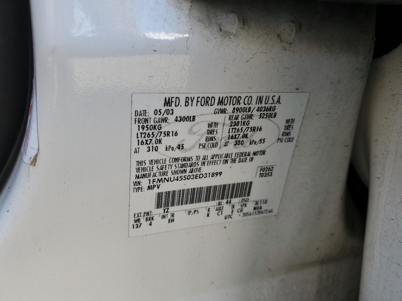 2003 Ford Excursion Eddie Bauer VIN: 1FMNU45S03ED31899 Lot: 67240404