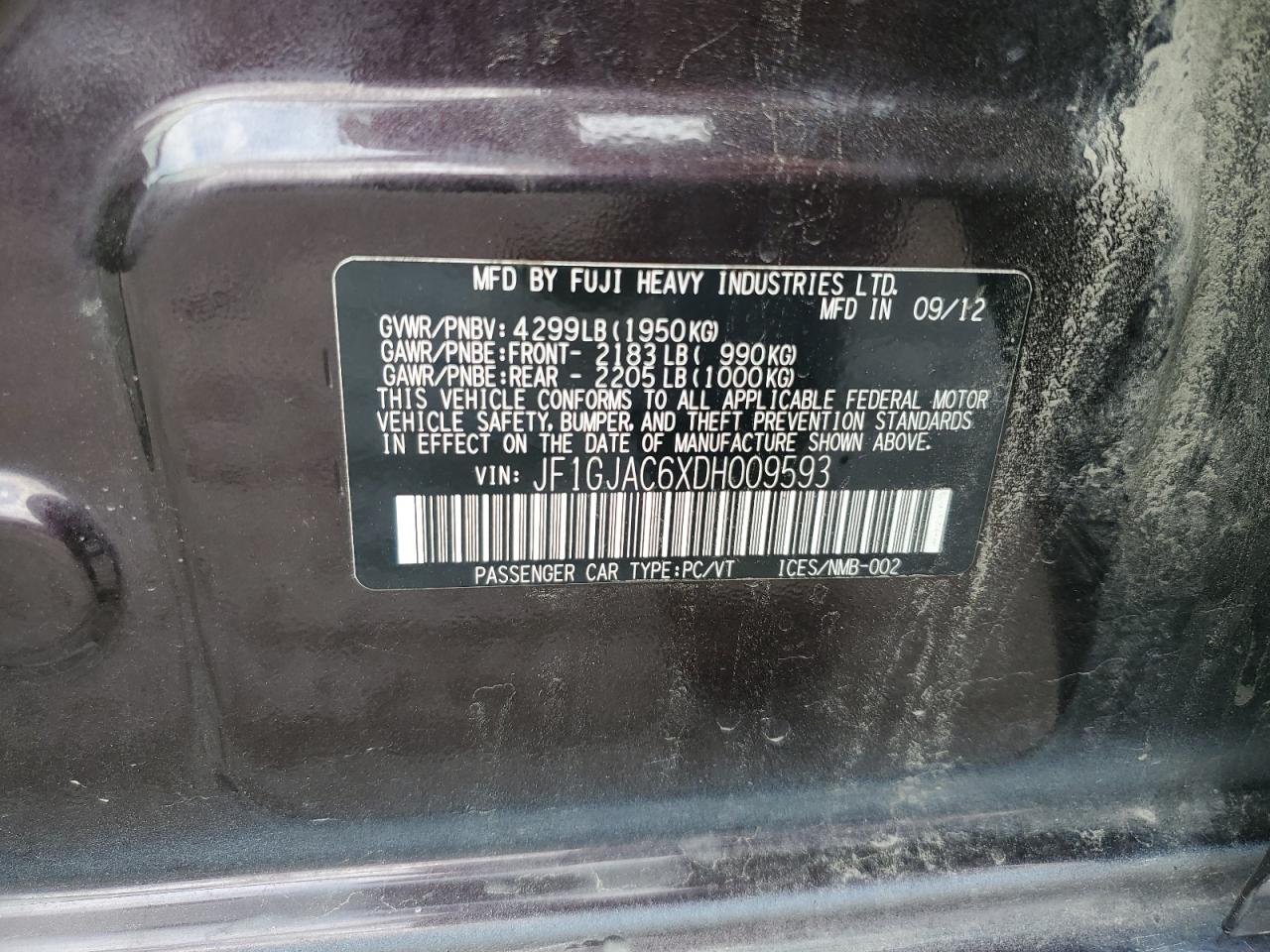 2013 Subaru Impreza Premium VIN: JF1GJAC6XDH009593 Lot: 66312914