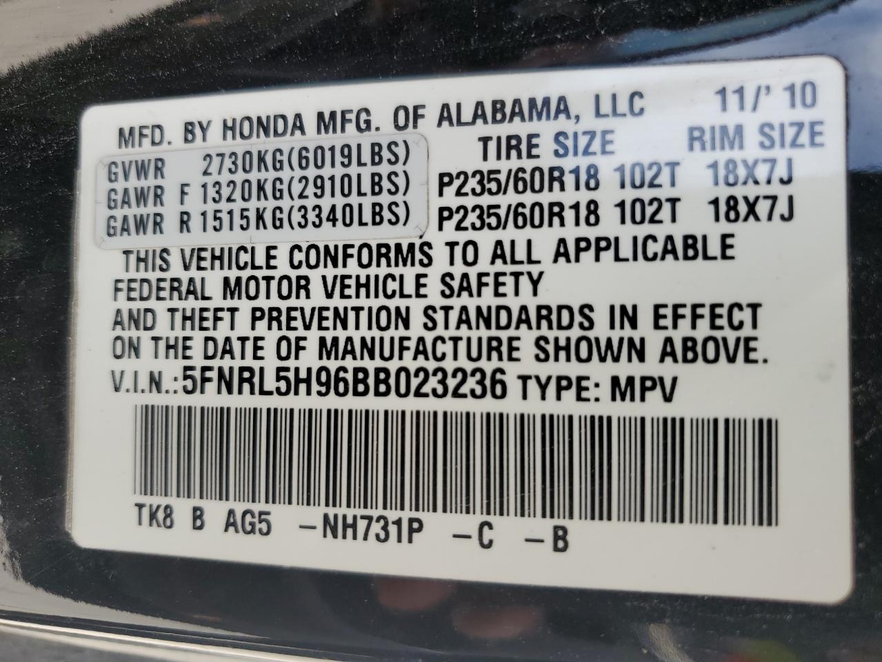 5FNRL5H96BB023236 2011 Honda Odyssey Touring