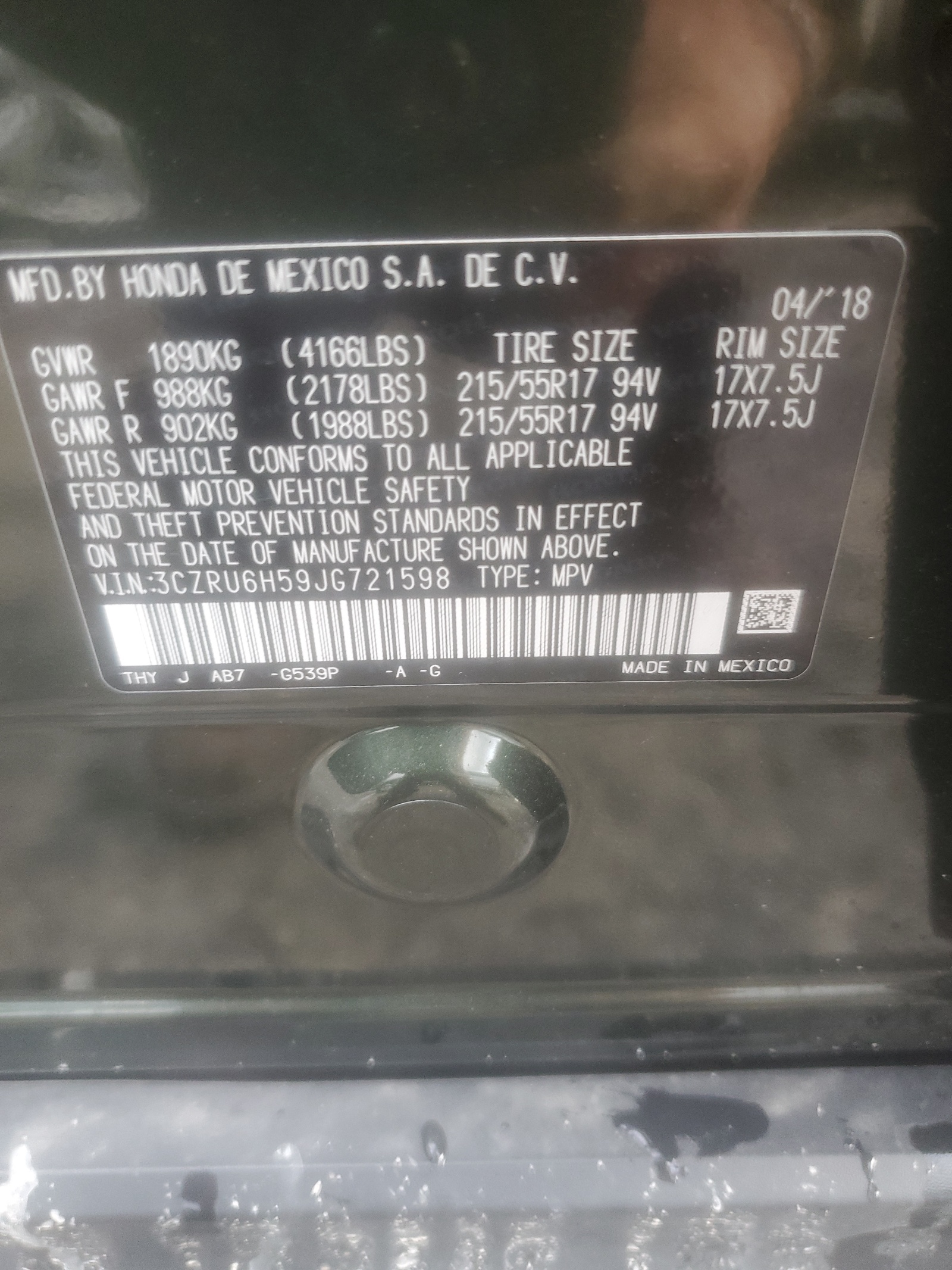 3CZRU6H59JG721598 2018 Honda Hr-V Ex