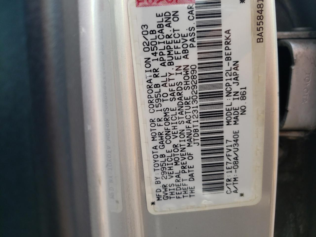 2003 Toyota Echo VIN: JTDBT123130292890 Lot: 64176614