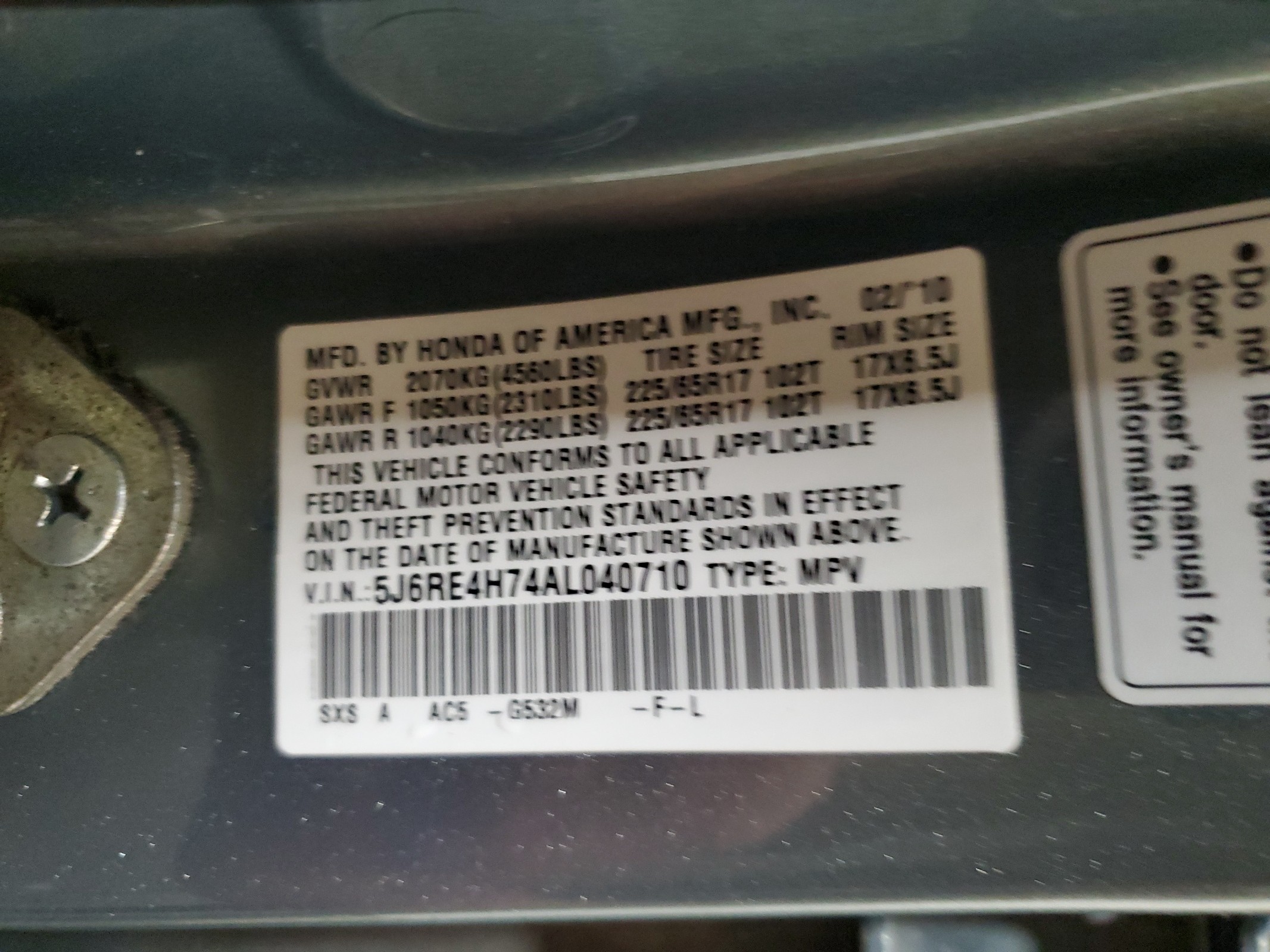 5J6RE4H74AL040710 2010 Honda Cr-V Exl