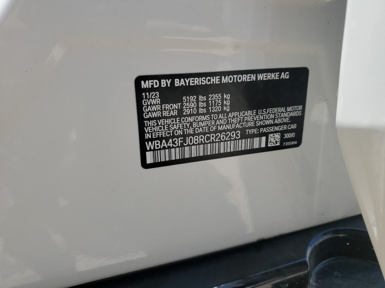 2024 BMW 530 I VIN: WBA43FJ08RCR26293 Lot: 63150144