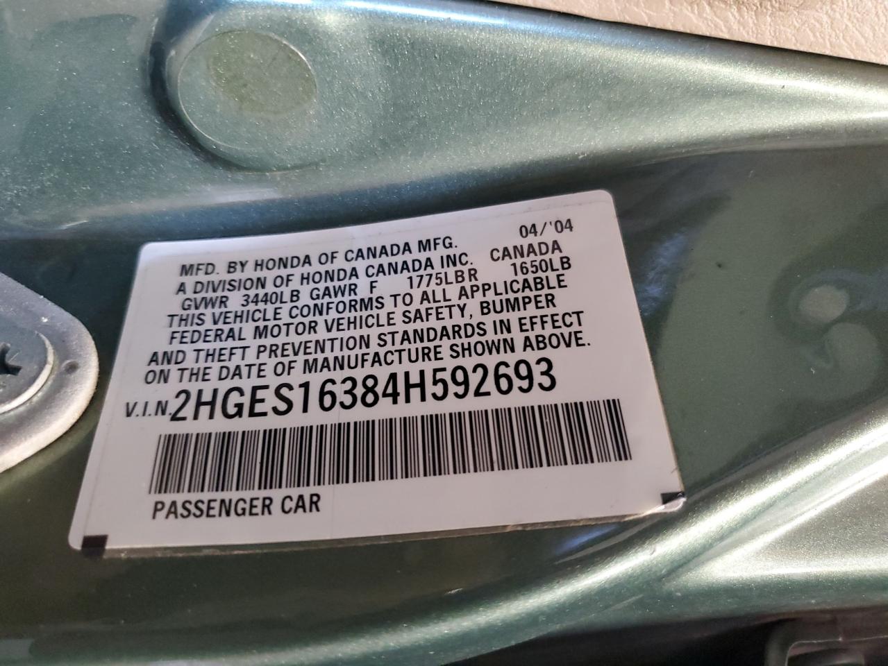 2004 Honda Civic Dx Vp VIN: 2HGES16384H592693 Lot: 65926284