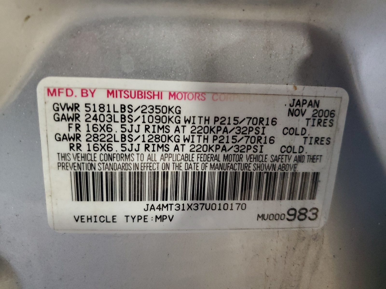 JA4MT31X37U010170 2007 Mitsubishi Outlander Ls