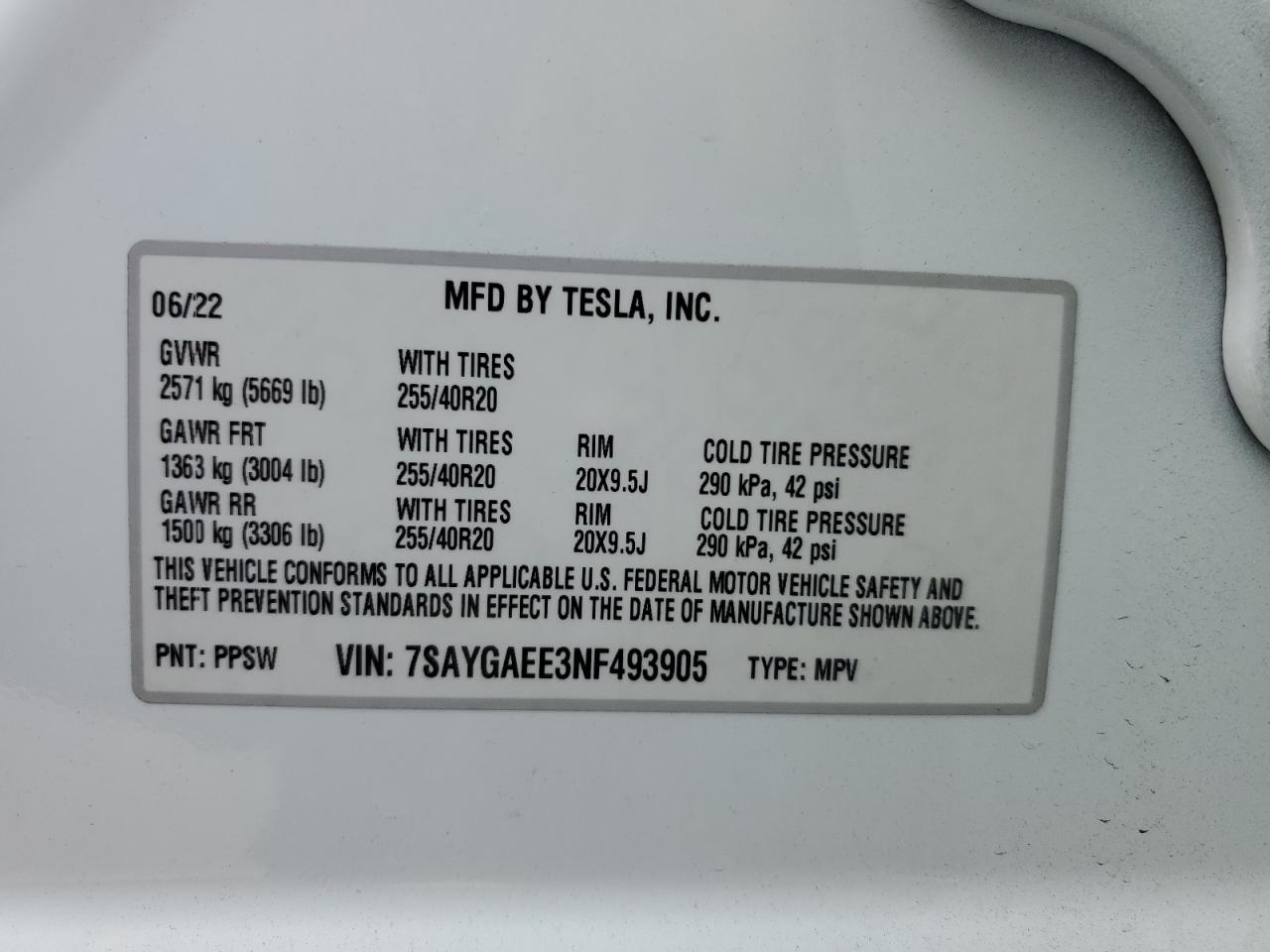 7SAYGAEE3NF493905 2022 Tesla Model Y