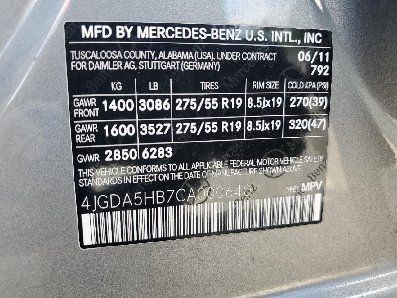 2012 Mercedes-Benz Ml 350 4Matic VIN: 4JGDA5HB7CA000640 Lot: 66917054