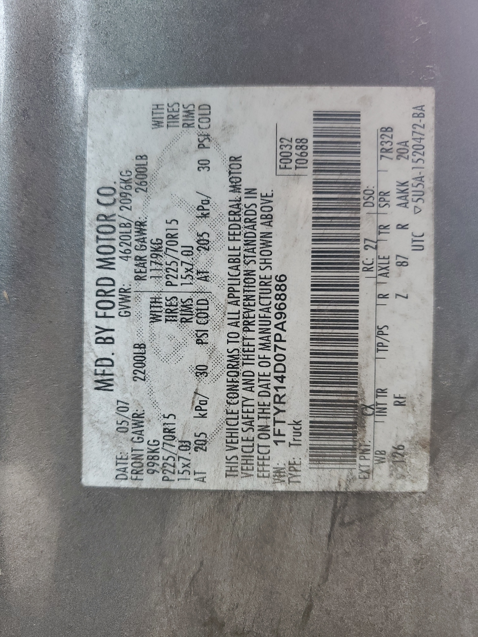 1FTYR14D07PA96886 2007 Ford Ranger Super Cab