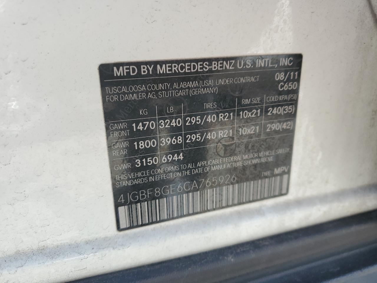 4JGBF8GE6CA765926 2012 Mercedes-Benz Gl 550 4Matic