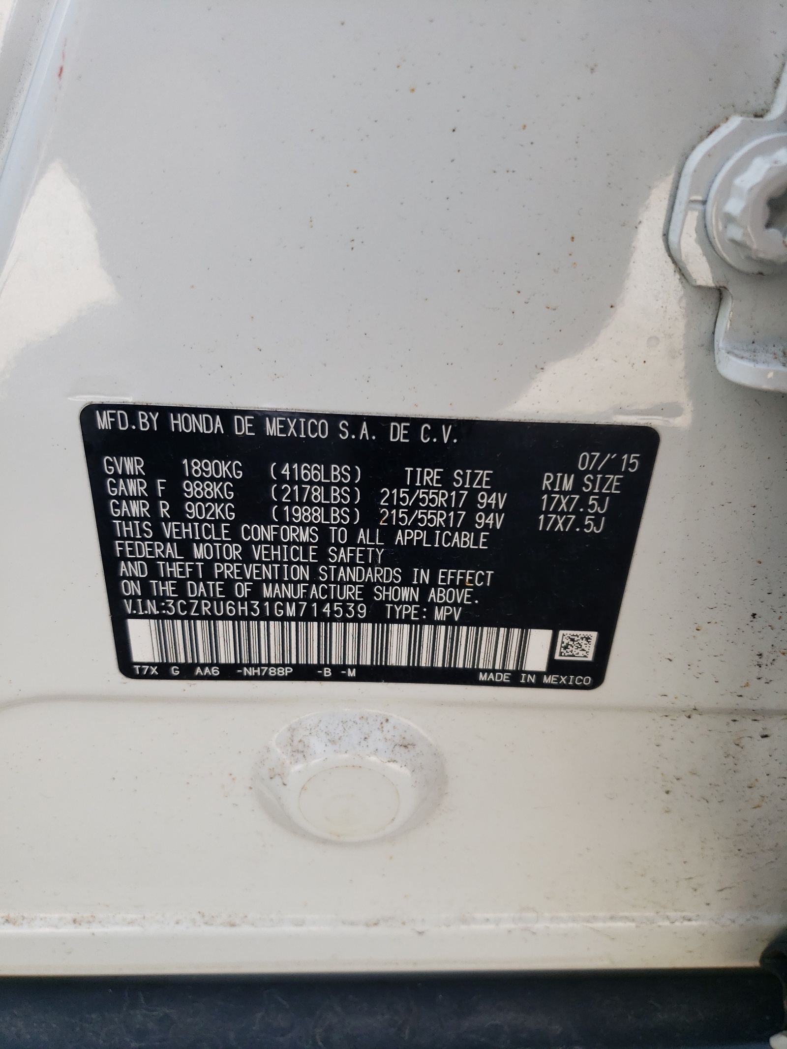 3CZRU6H31GM714539 2016 Honda Hr-V Lx