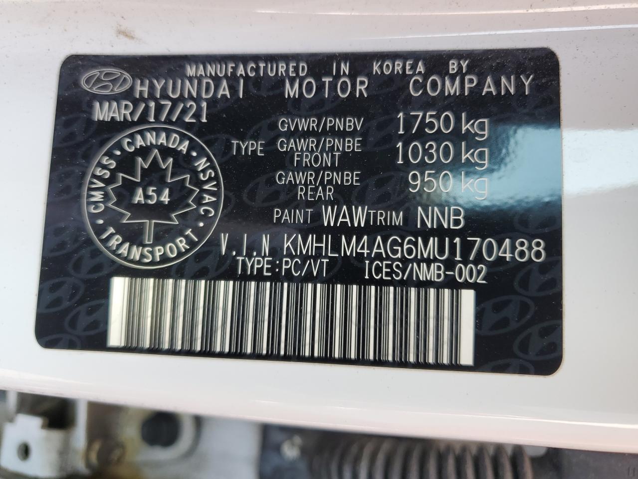 2021 Hyundai Elantra Sel VIN: KMHLM4AG6MU170488 Lot: 67486324