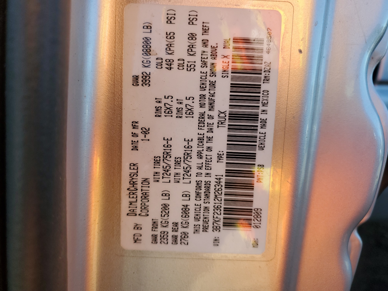 3B7KF23612M263441 2002 Dodge Ram 2500