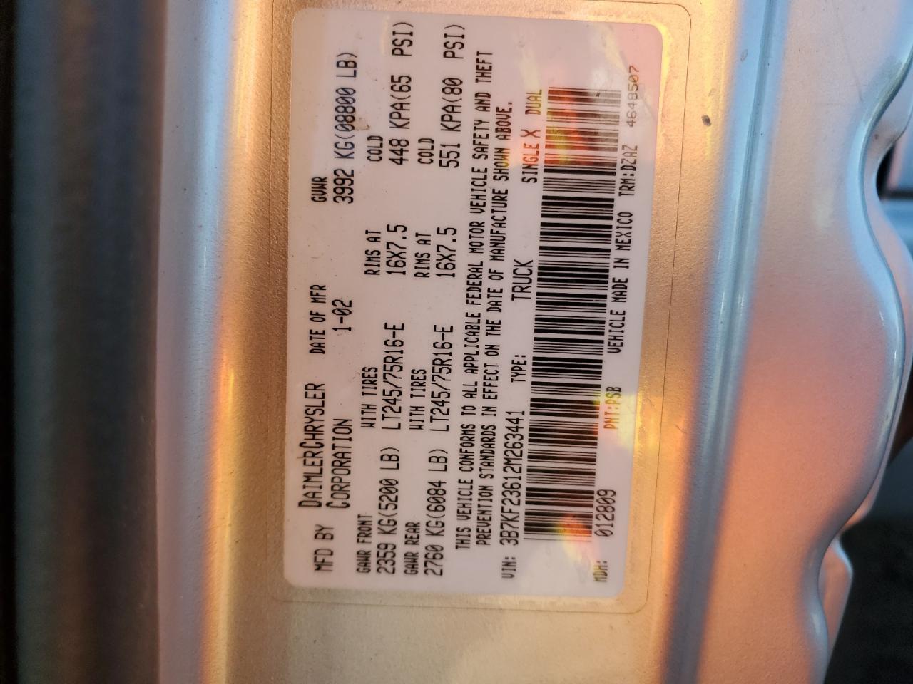 2002 Dodge Ram 2500 VIN: 3B7KF23612M263441 Lot: 67411194