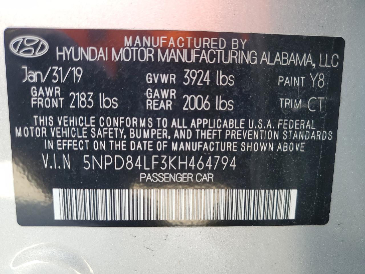 2019 Hyundai Elantra Sel VIN: 5NPD84LF3KH464794 Lot: 65624644