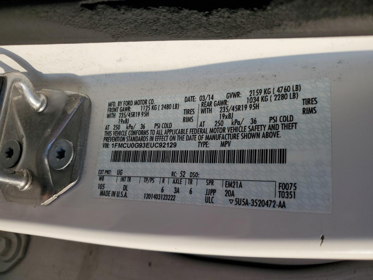 2014 Ford Escape Se VIN: 1FMCU0G93EUC92129 Lot: 65991584