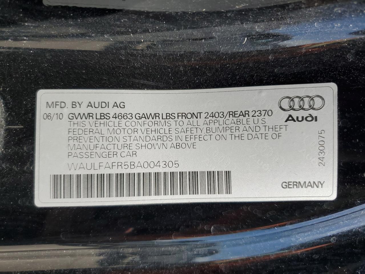 WAULFAFR5BA004305 2011 Audi A5 Premium Plus