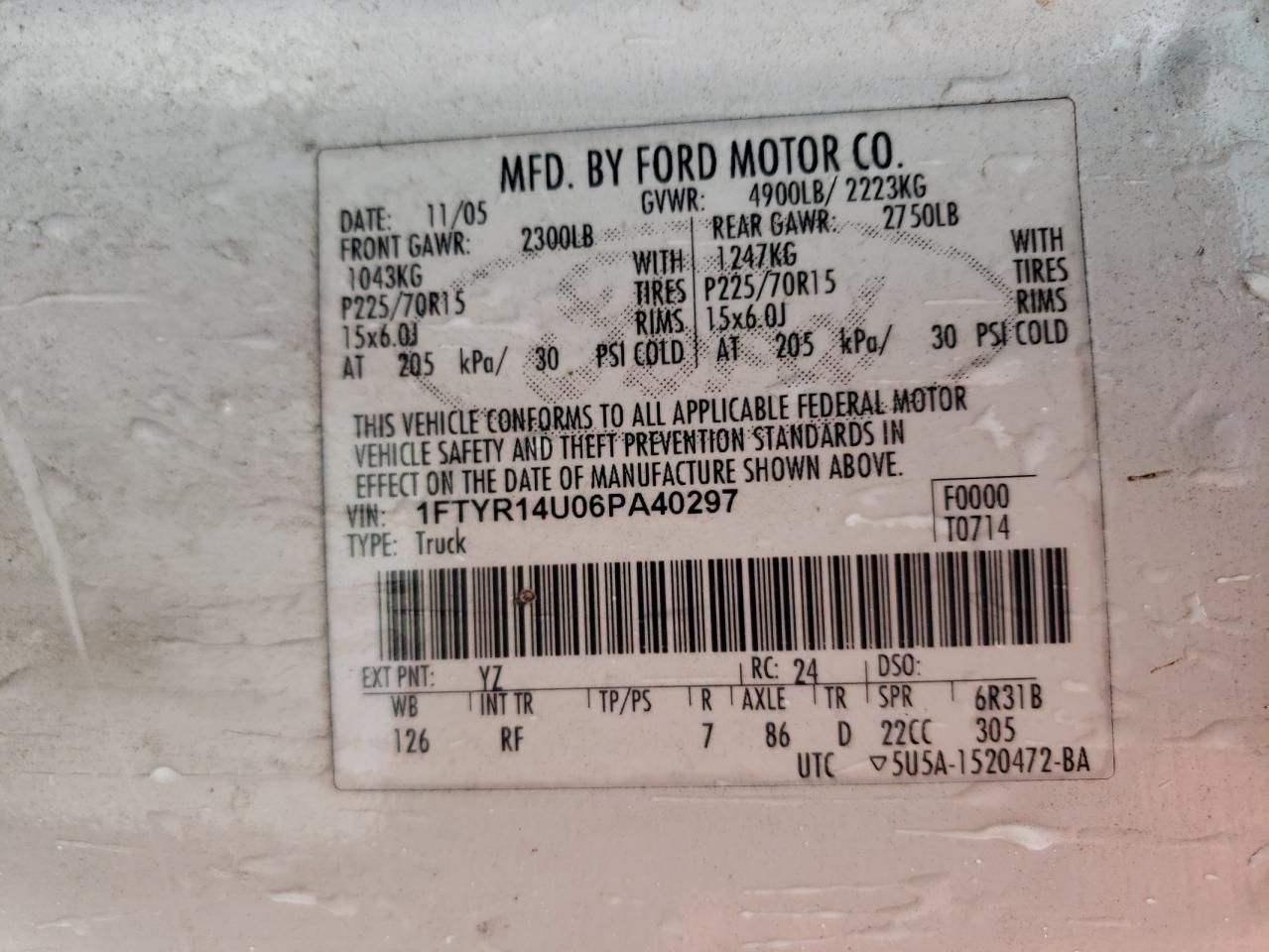 2006 Ford Ranger Super Cab VIN: 1FTYR14U06PA40297 Lot: 68255544