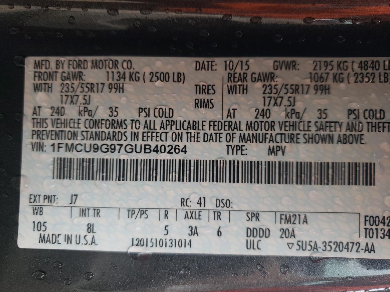 1FMCU9G97GUB40264 2016 Ford Escape Se