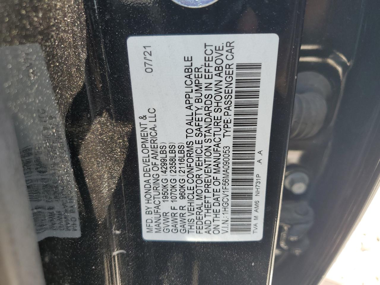 1HGCV1F56MA090053 2021 Honda Accord Exl