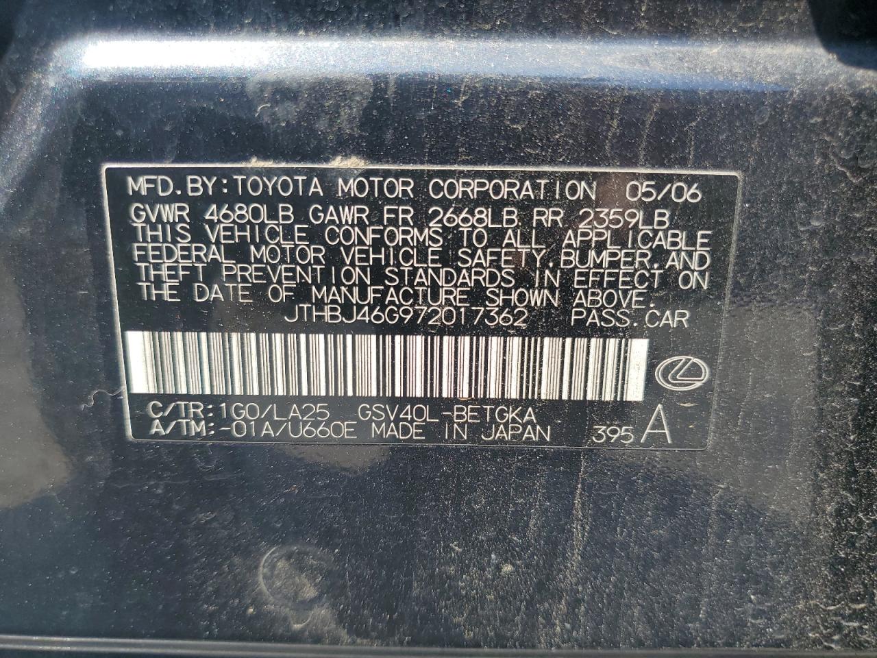 JTHBJ46G972017362 2007 Lexus Es 350