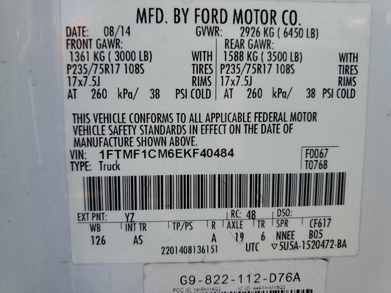 2014 Ford F150 VIN: 1FTMF1CM6EKF40484 Lot: 68477244