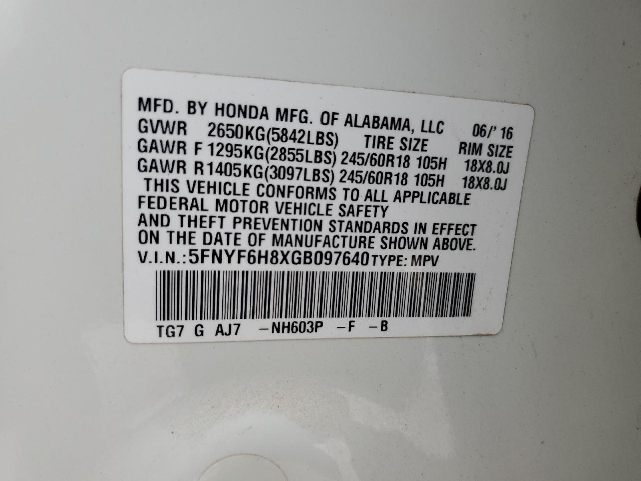 5FNYF6H8XGB097640 2016 Honda Pilot Exl