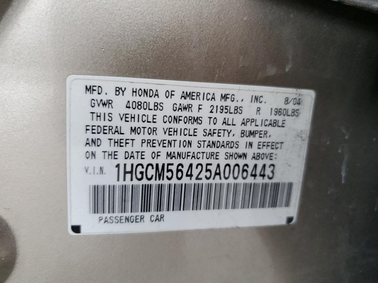 2005 Honda Accord Lx VIN: 1HGCM56425A006443 Lot: 68285234