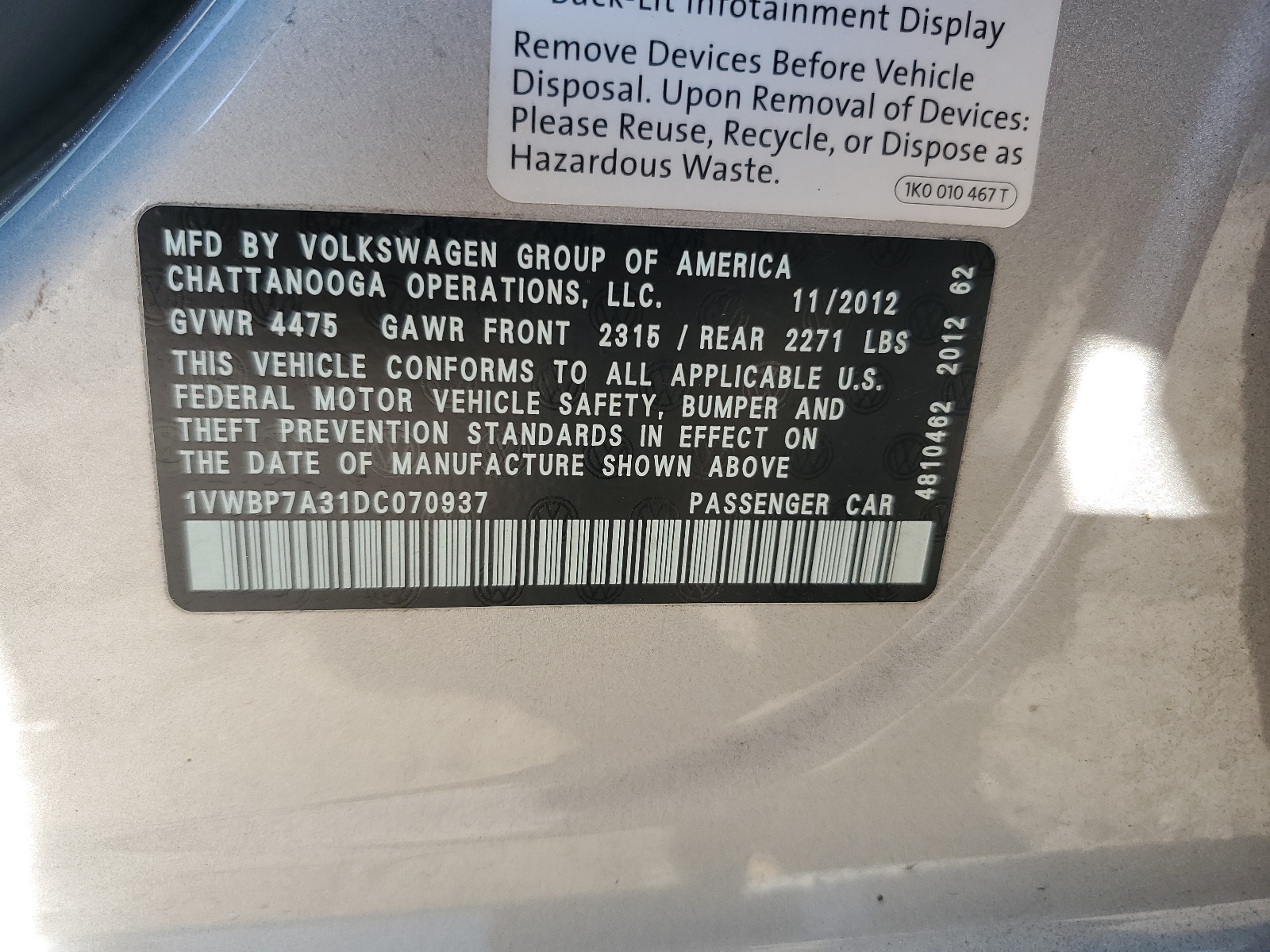 1VWBP7A31DC070937 2013 Volkswagen Passat Se