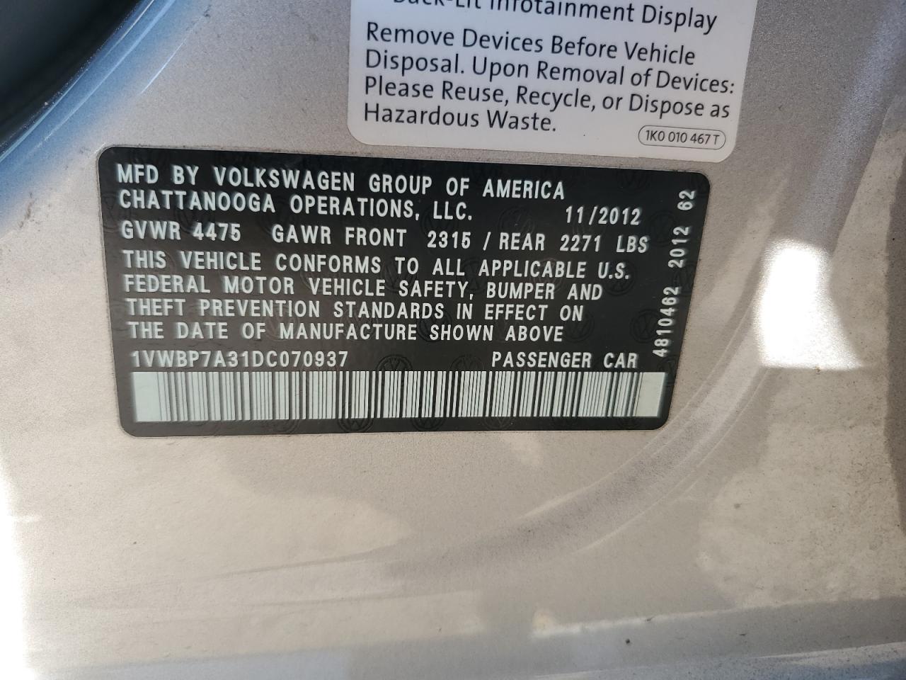 2013 Volkswagen Passat Se VIN: 1VWBP7A31DC070937 Lot: 66546004