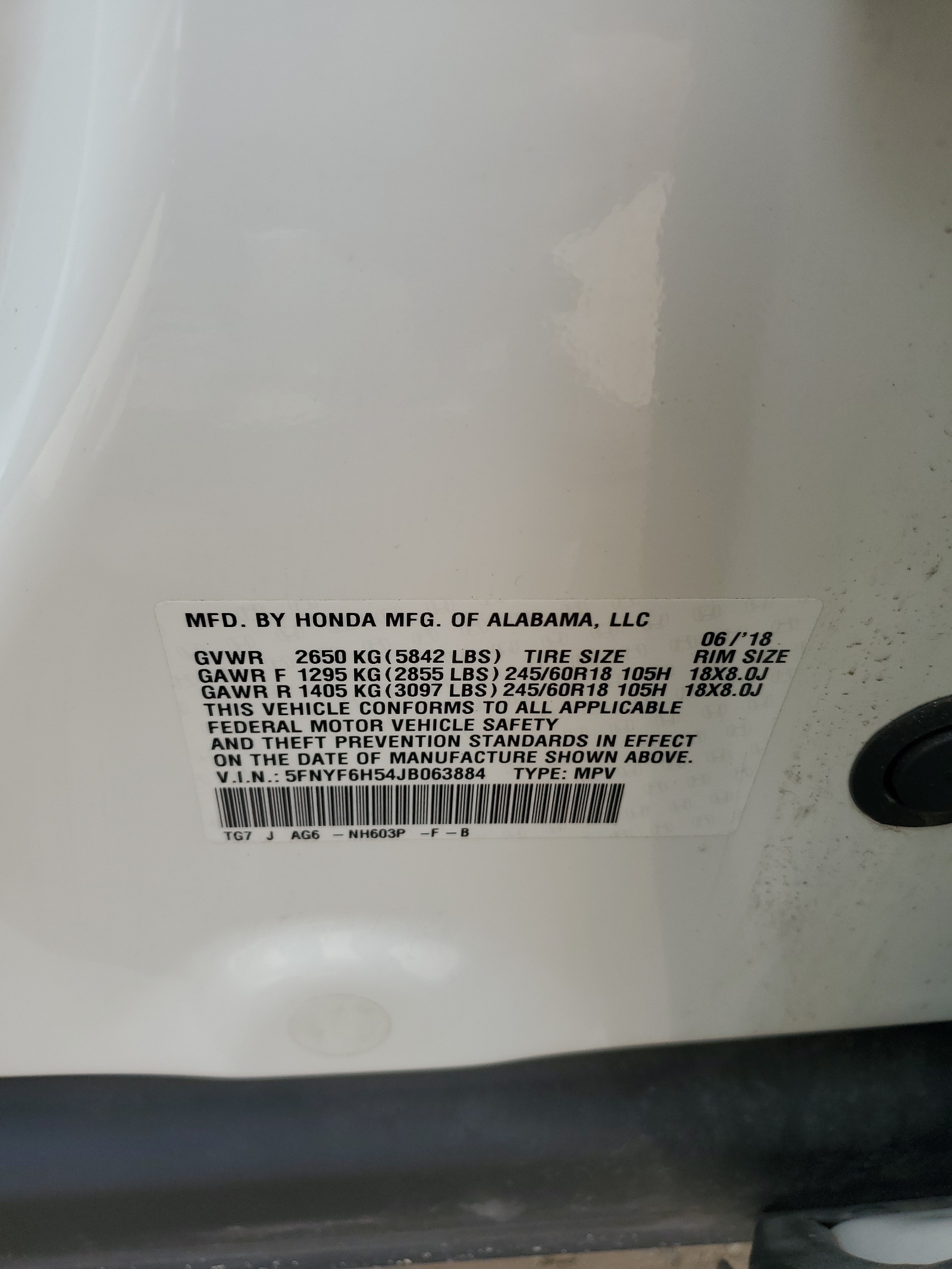 5FNYF6H54JB063884 2018 Honda Pilot Exl