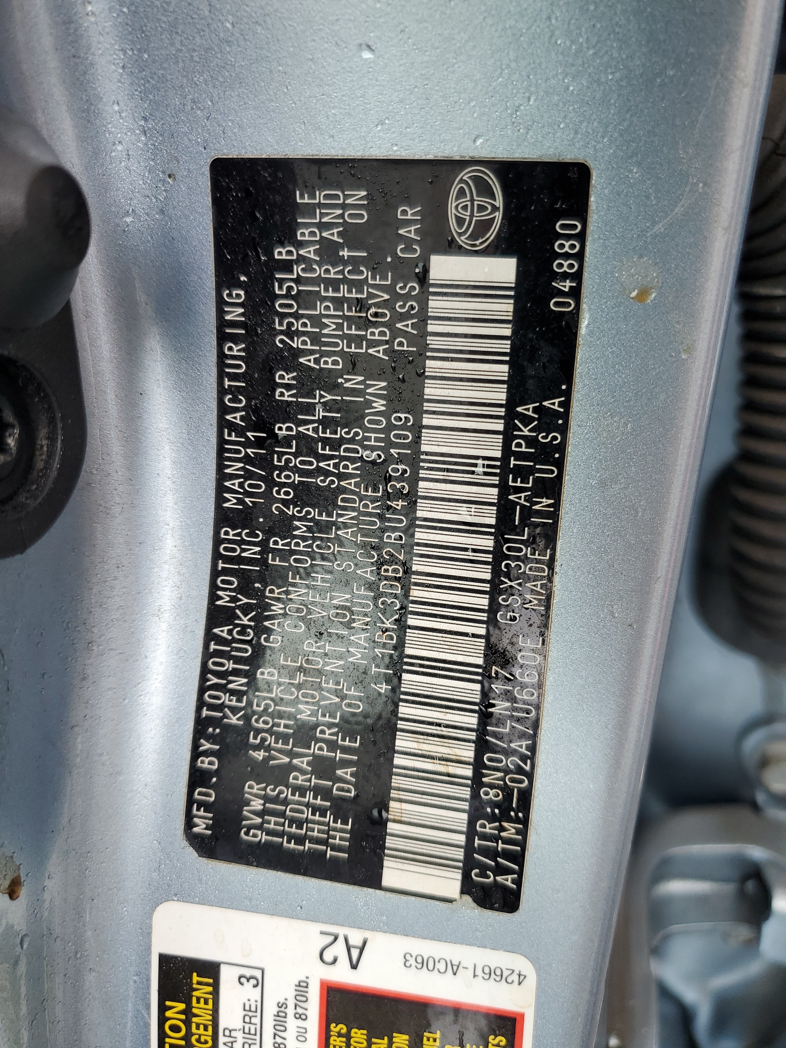 4T1BK3DB2BU439109 2011 Toyota Avalon Base