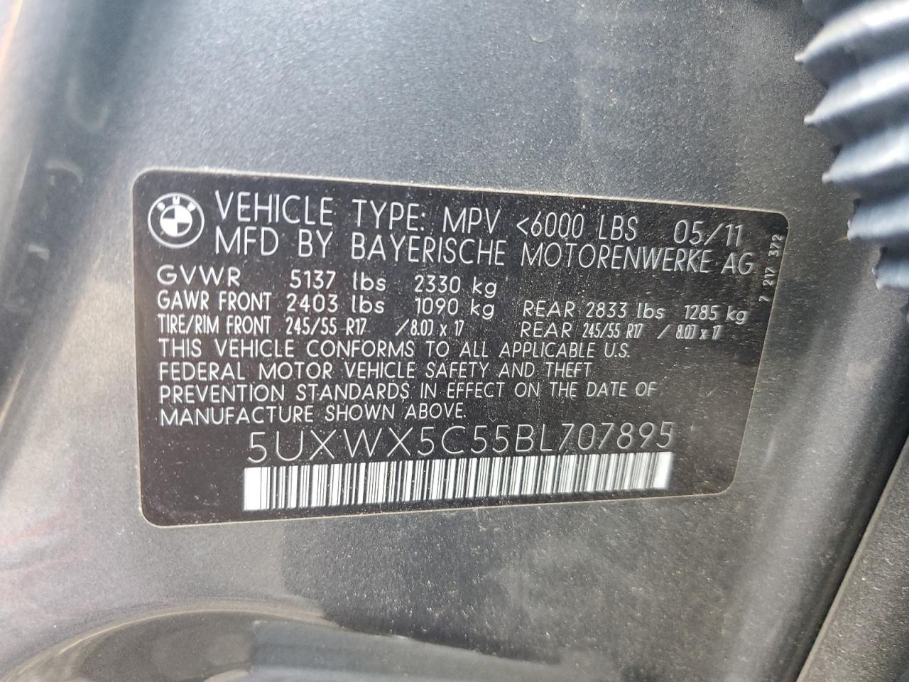 2011 BMW X3 xDrive28I VIN: 5UXWX5C55BL707895 Lot: 66954814