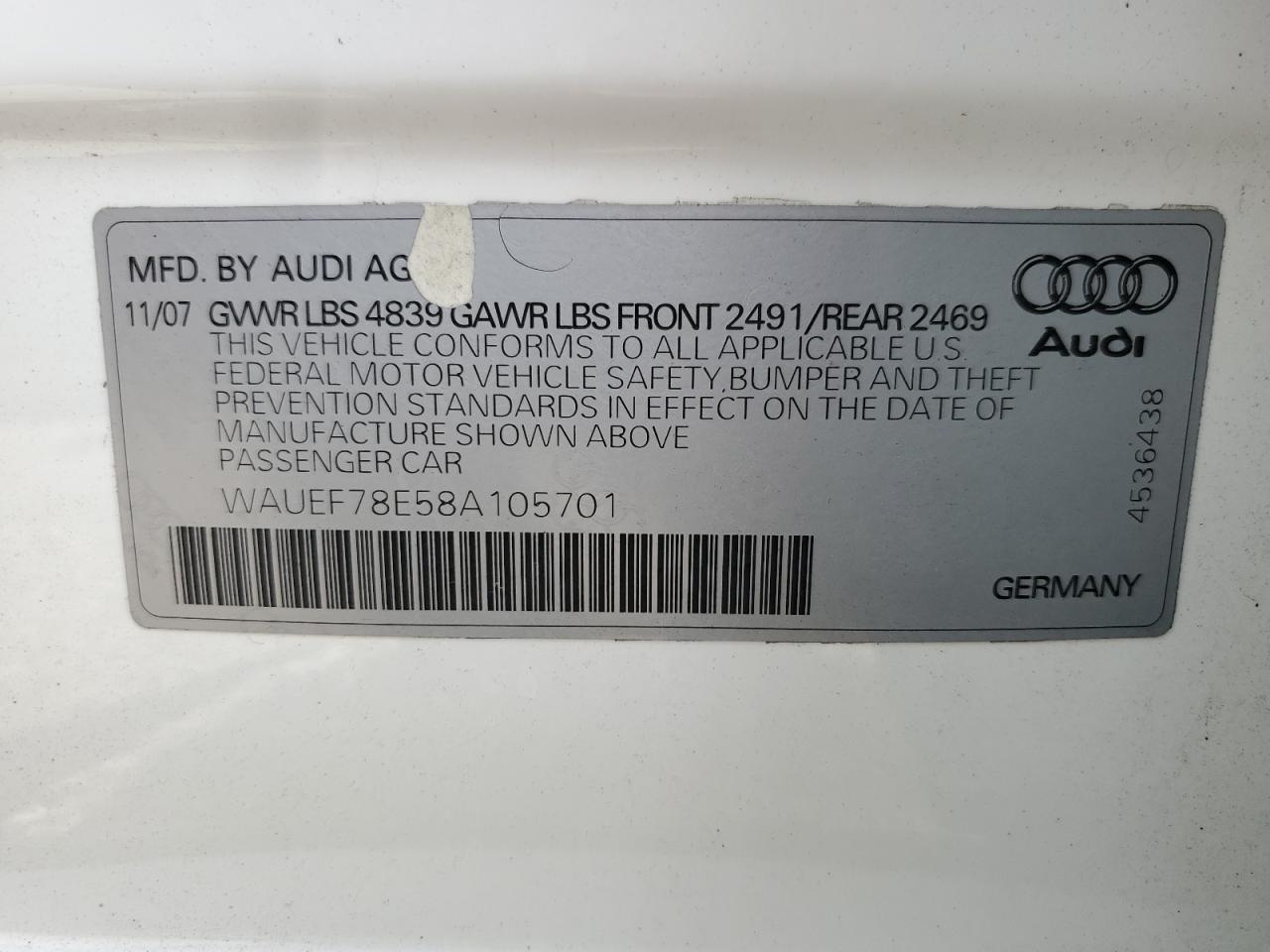 2008 Audi A4 S-Line 2.0T Quattro Turbo VIN: WAUEF78E58A105701 Lot: 67591044