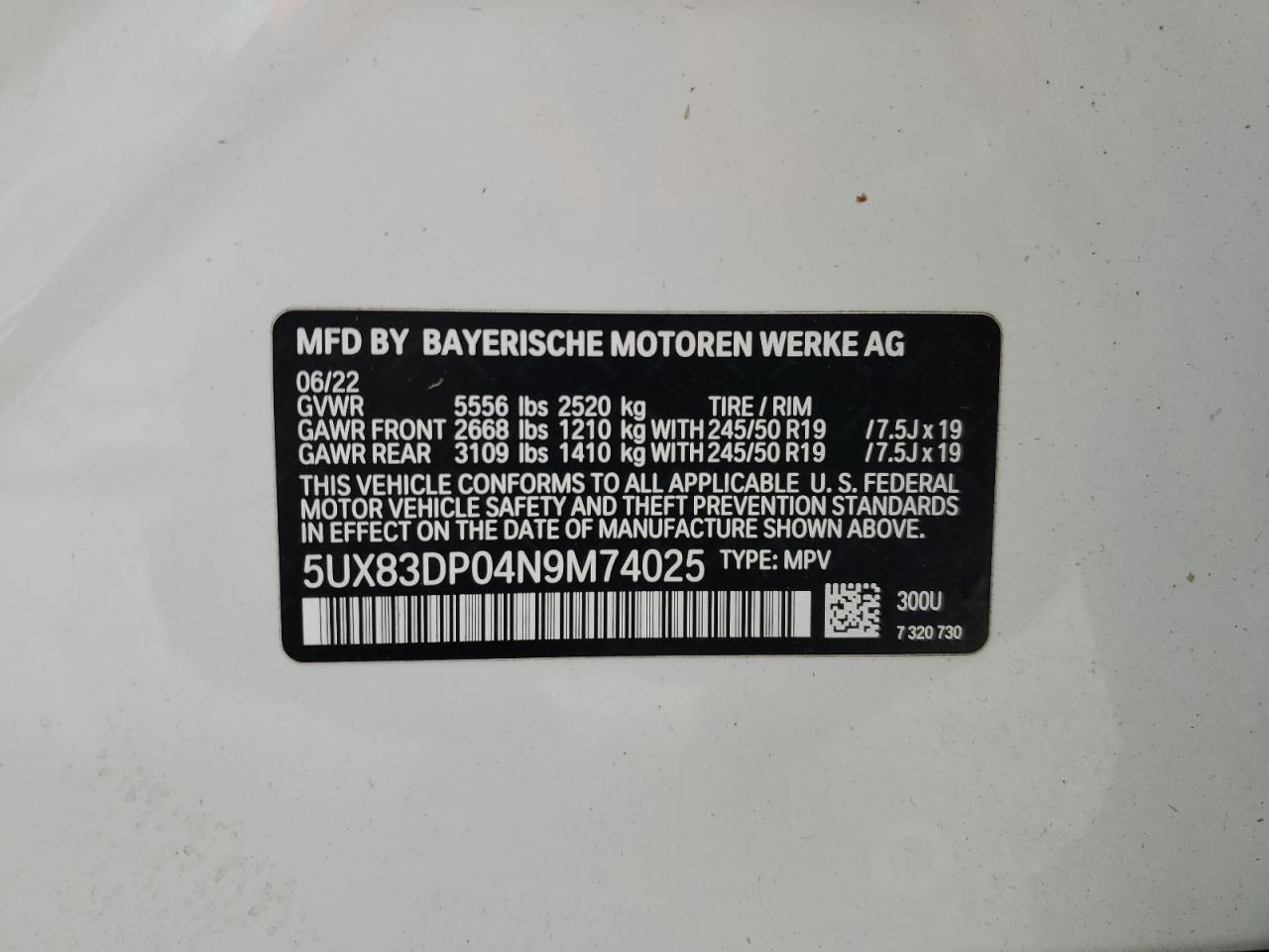 2022 BMW X3 M40I VIN: 5UX83DP04N9M74025 Lot: 63149964