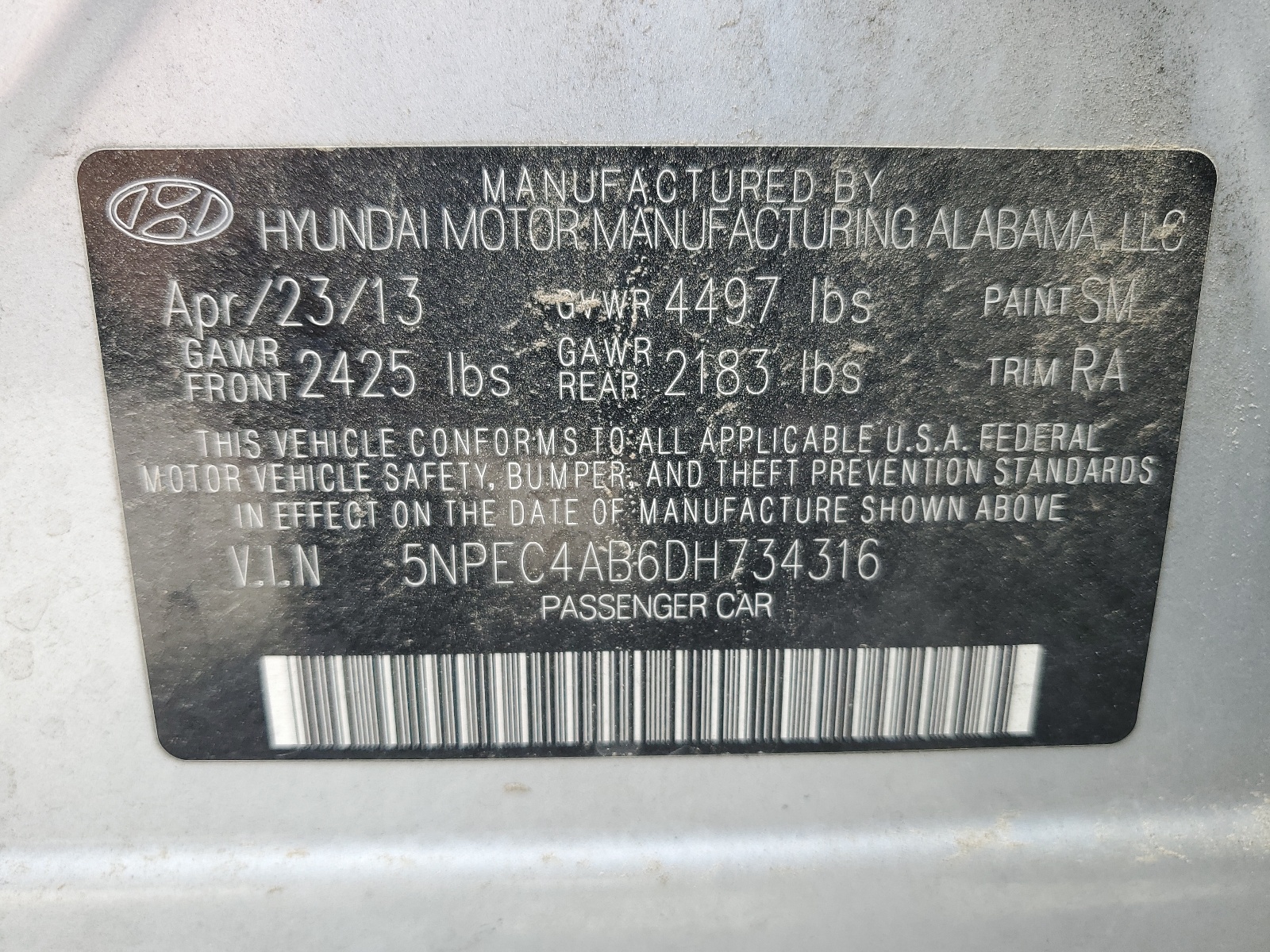 5NPEC4AB6DH734316 2013 Hyundai Sonata Se