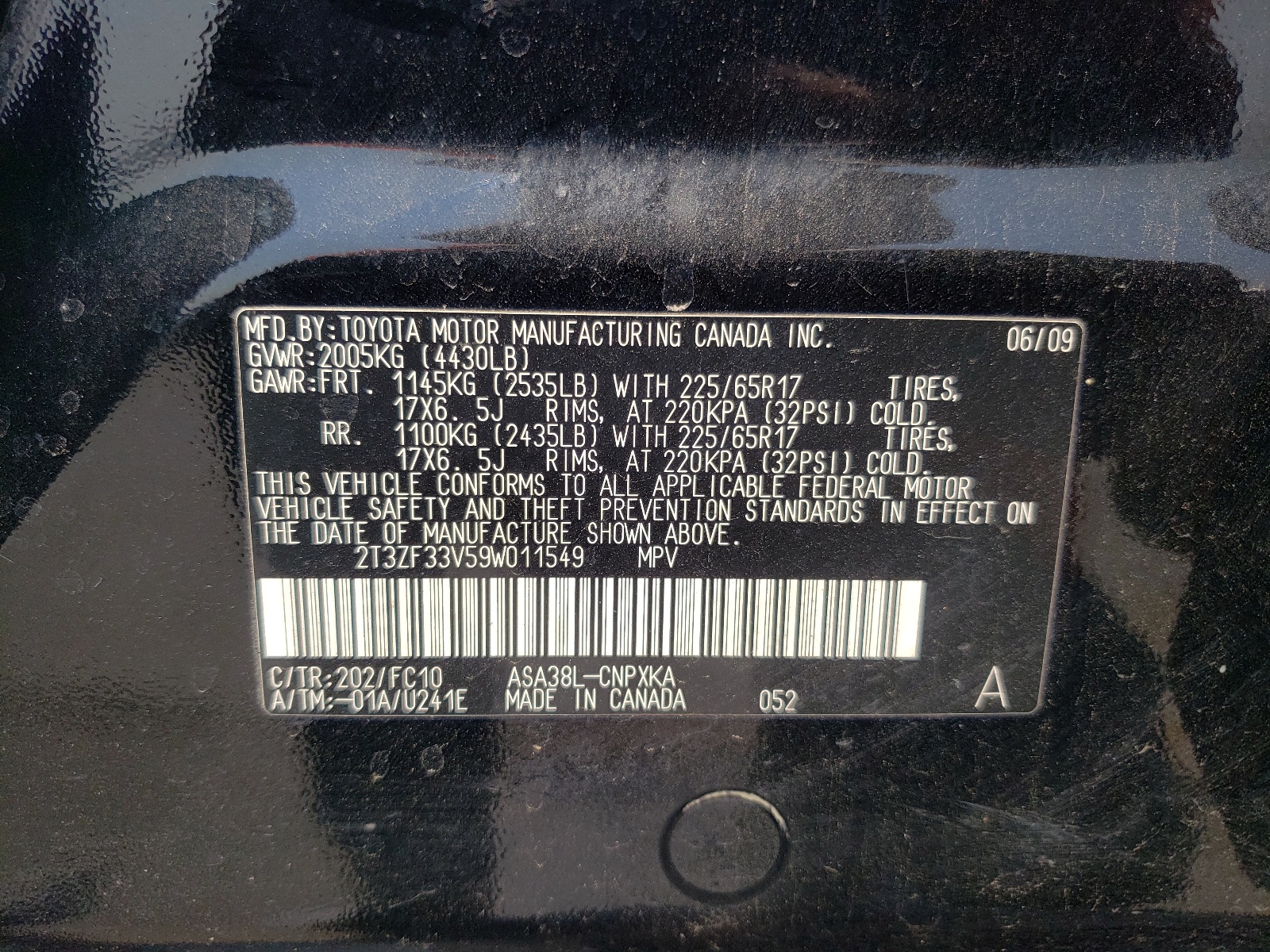 2T3ZF33V59W011549 2009 Toyota Rav4