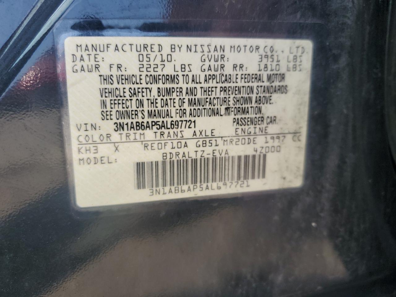 2010 Nissan Sentra 2.0 VIN: 3N1AB6AP5AL697721 Lot: 66486644
