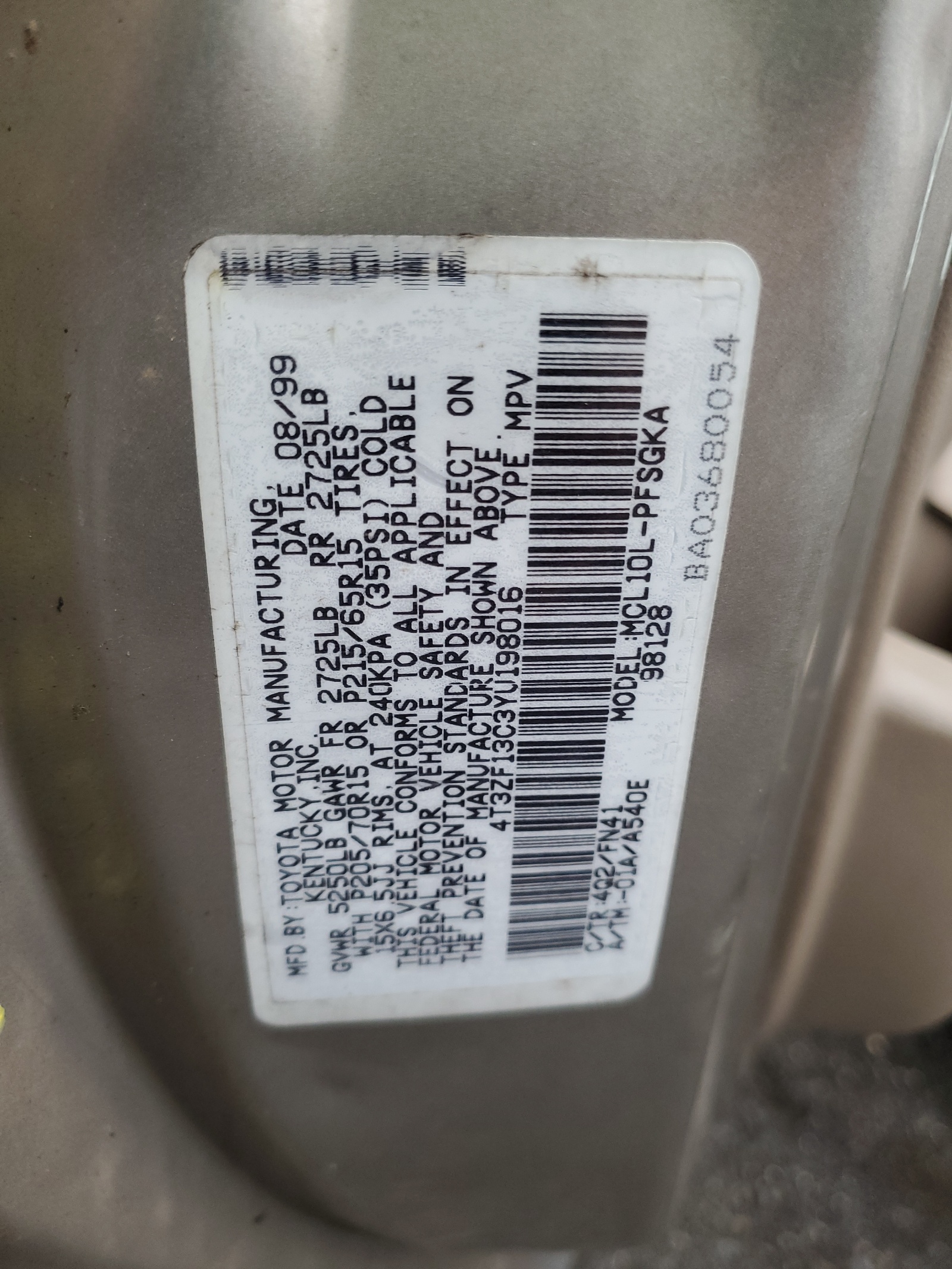 4T3ZF13C3YU198016 2000 Toyota Sienna Le