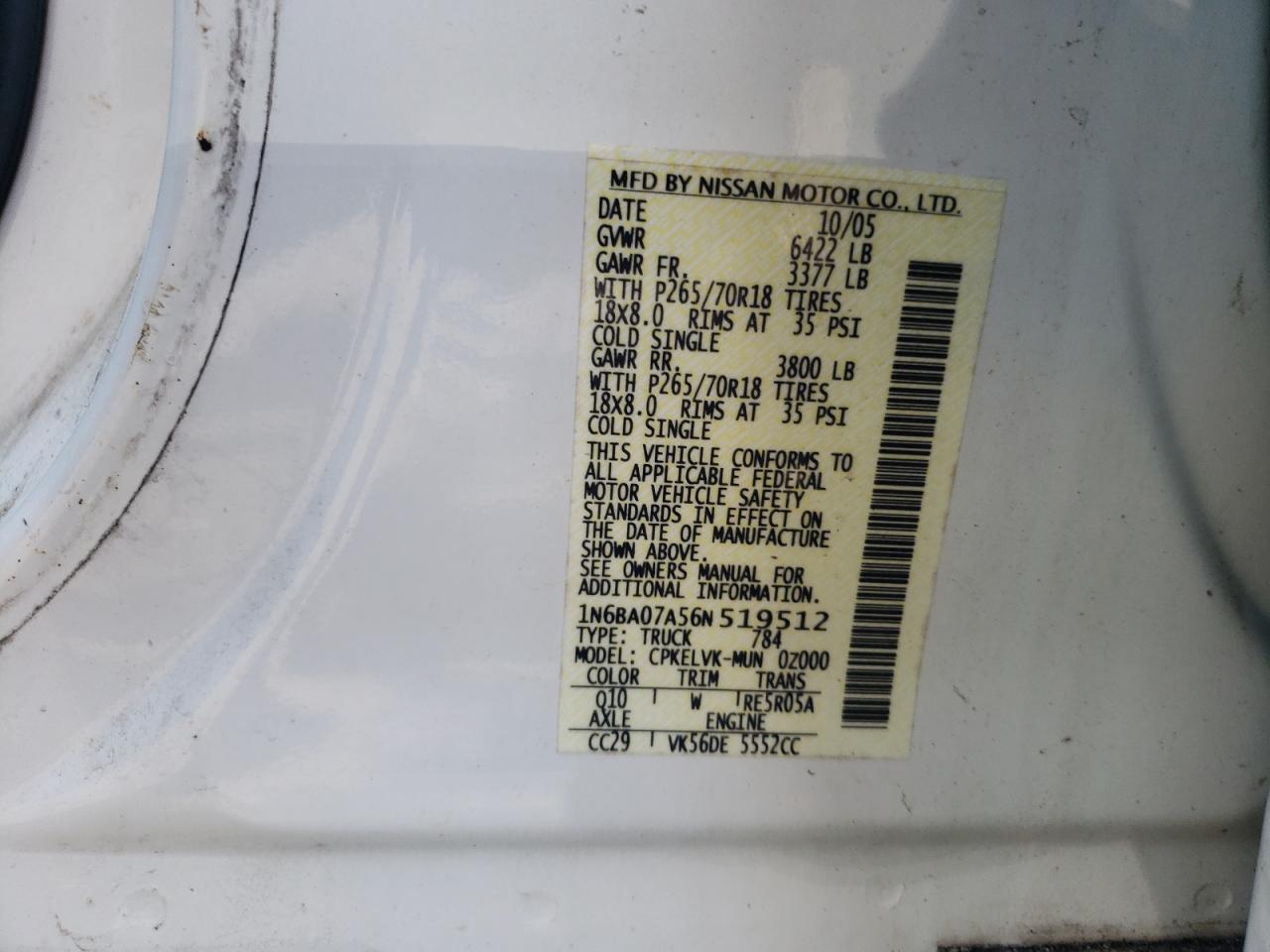 1N6BA07A56N519512 2006 Nissan Titan Xe