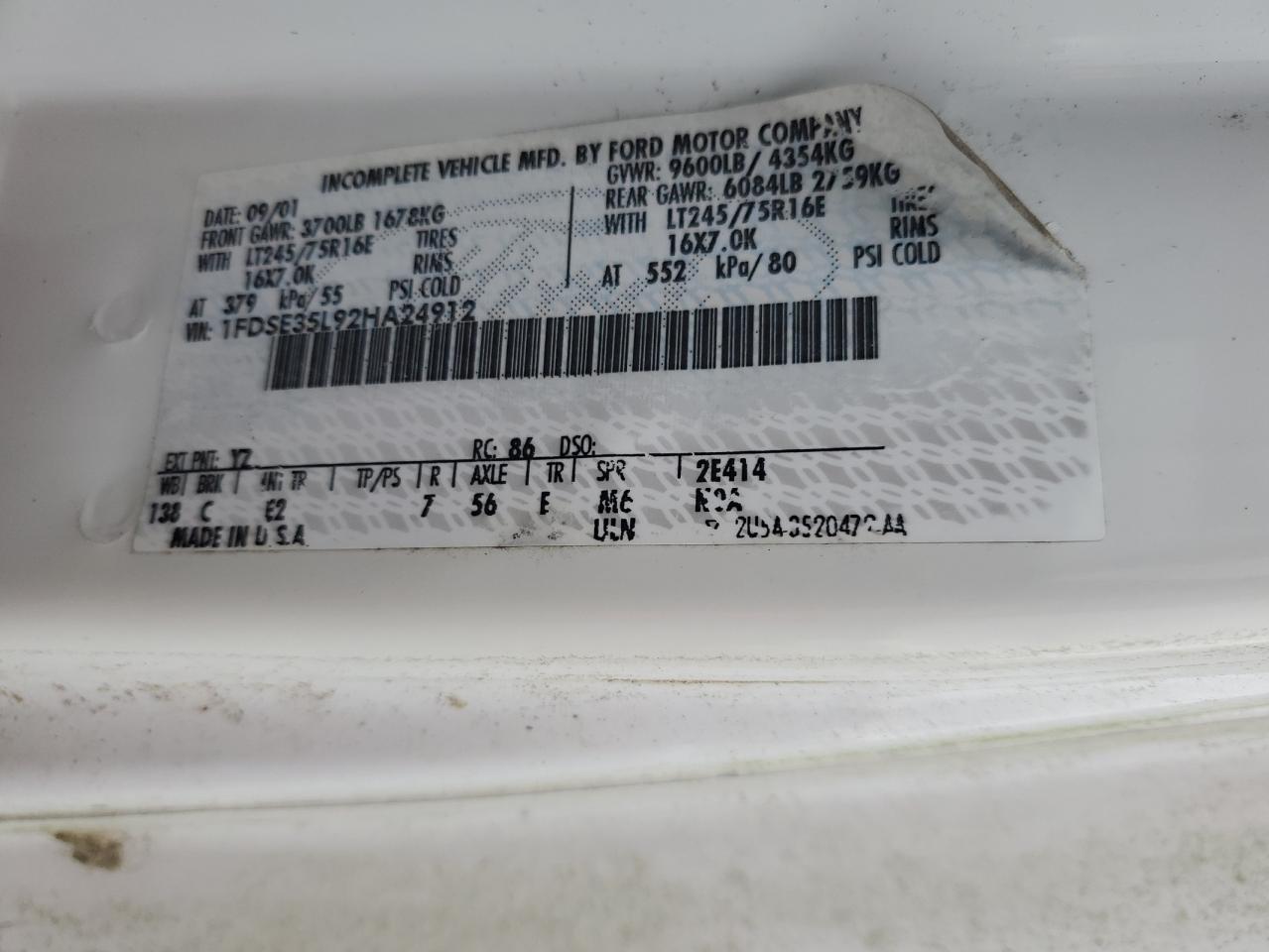 2002 Ford Econoline E350 Super Duty Cutaway Van VIN: 1FDSE35L92HA24912 Lot: 66967814