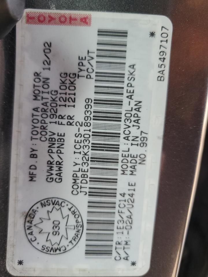 2003 Toyota Camry Le VIN: JTDBE32K330189399 Lot: 65281554