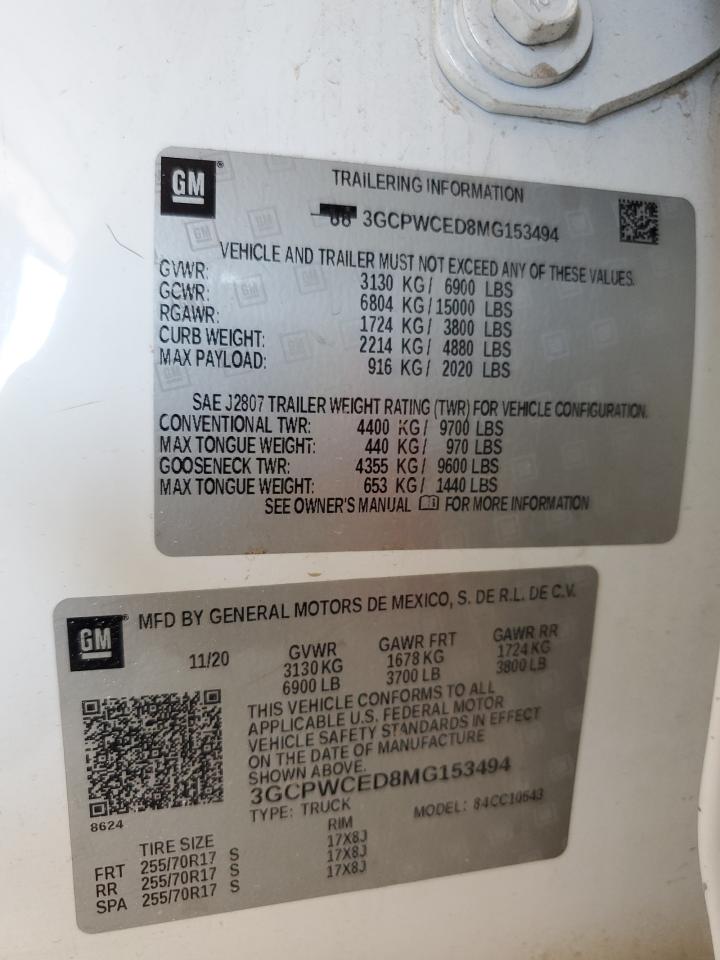 2021 Chevrolet Silverado C1500 Lt VIN: 3GCPWCED8MG153494 Lot: 65480294