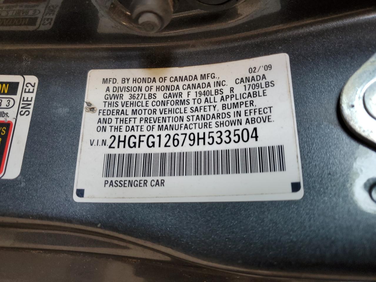 2009 Honda Civic Lx VIN: 2HGFG12679H533504 Lot: 67171584