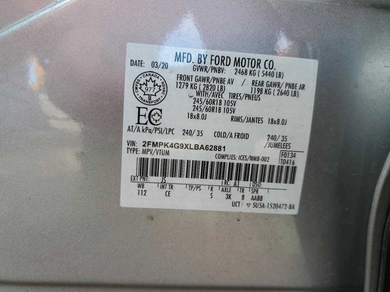 2FMPK4G9XLBA62881 2020 Ford Edge Se