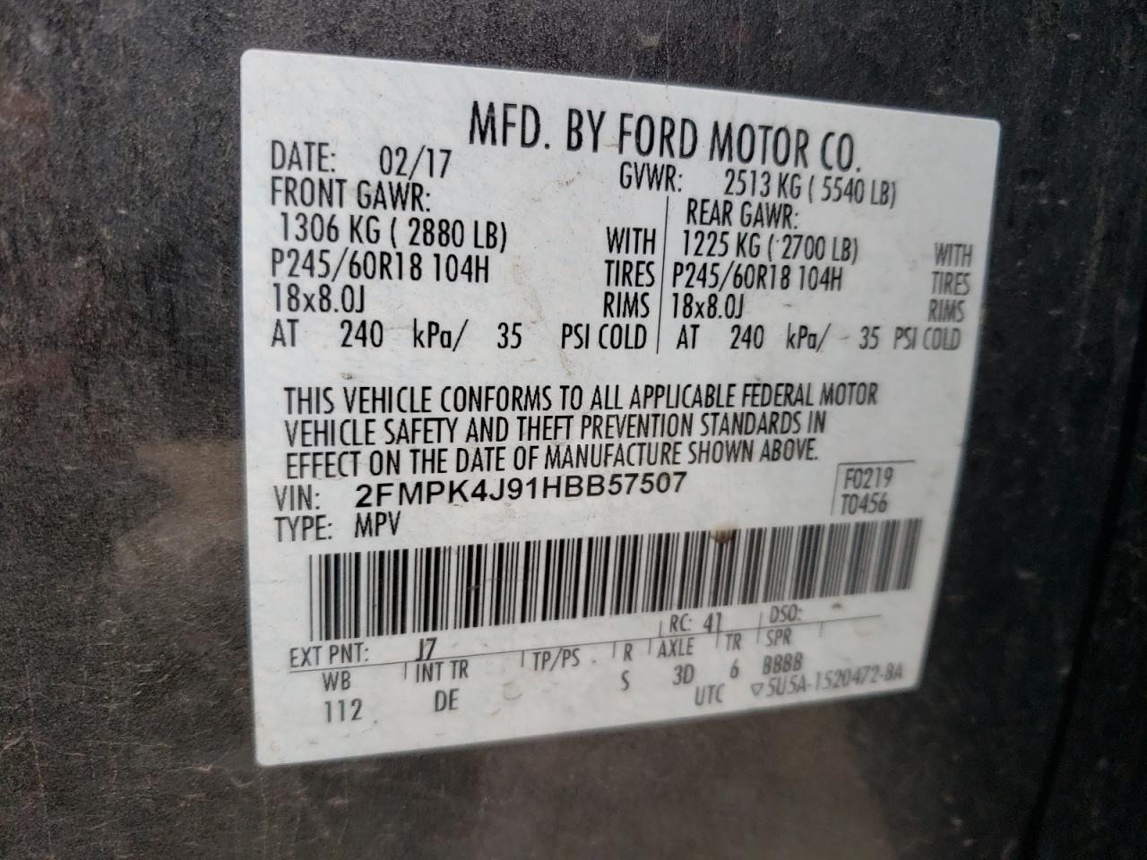 2017 Ford Edge Sel VIN: 2FMPK4J91HBB57507 Lot: 65713174